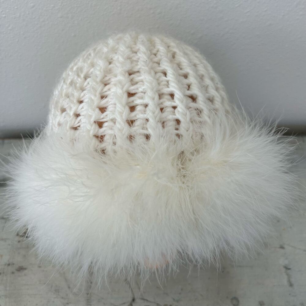 Vintage Chunky Knit Beanie Hat Feather Trim Y2K Winter Snow Bunny ski white - Picture 11 of 16
